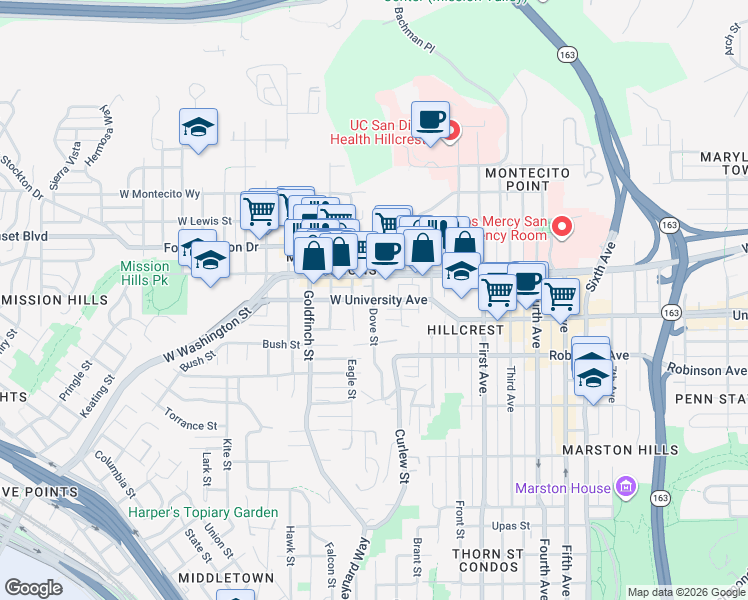 map of restaurants, bars, coffee shops, grocery stores, and more near W University Ave & Dove St in San Diego