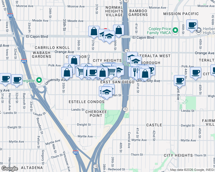 map of restaurants, bars, coffee shops, grocery stores, and more near 3842 University Avenue in San Diego