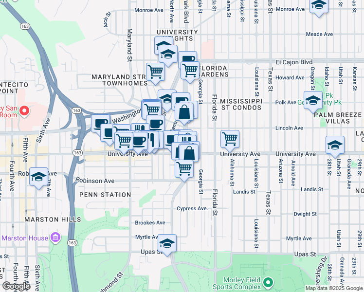 map of restaurants, bars, coffee shops, grocery stores, and more near 3952 Park Boulevard in San Diego