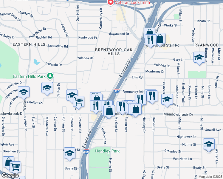 map of restaurants, bars, coffee shops, grocery stores, and more near 2100 East Loop 820 in Fort Worth