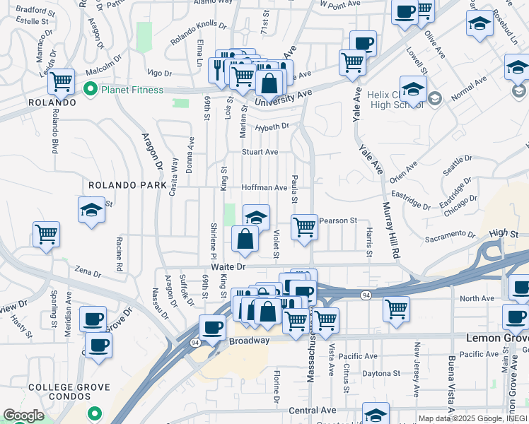 map of restaurants, bars, coffee shops, grocery stores, and more near 3975 Charles Street in La Mesa