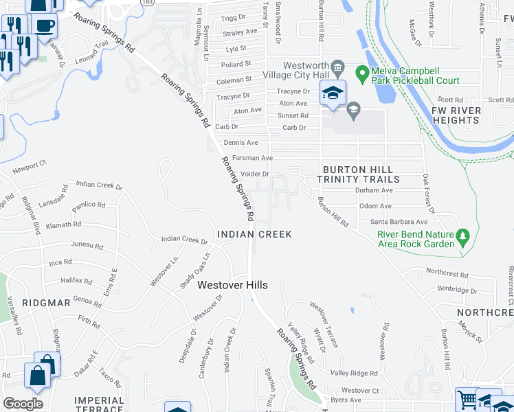 map of restaurants, bars, coffee shops, grocery stores, and more near 1199 Roaring Springs Road in Fort Worth