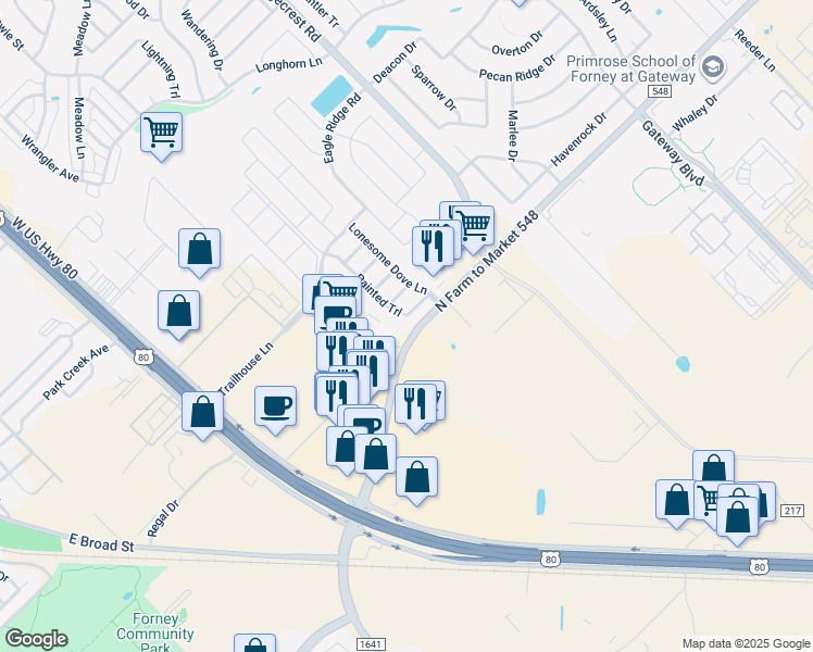 map of restaurants, bars, coffee shops, grocery stores, and more near 107 Drycreek Drive in Forney