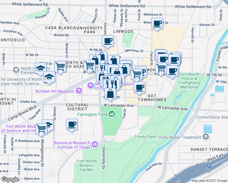 map of restaurants, bars, coffee shops, grocery stores, and more near in Fort Worth