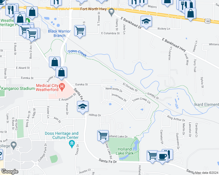 map of restaurants, bars, coffee shops, grocery stores, and more near 1114 Newcastle Drive in Weatherford