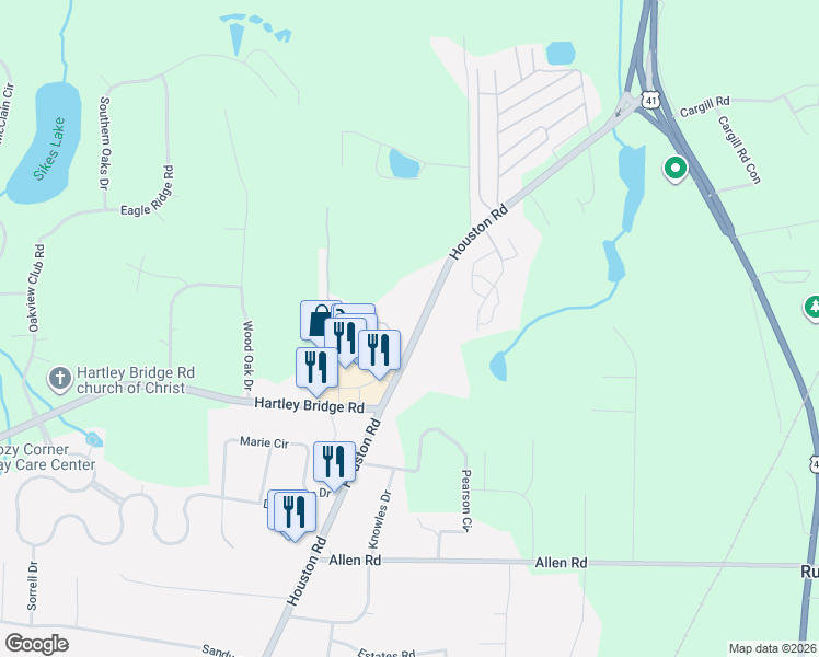 map of restaurants, bars, coffee shops, grocery stores, and more near 5543 Houston Road in Macon