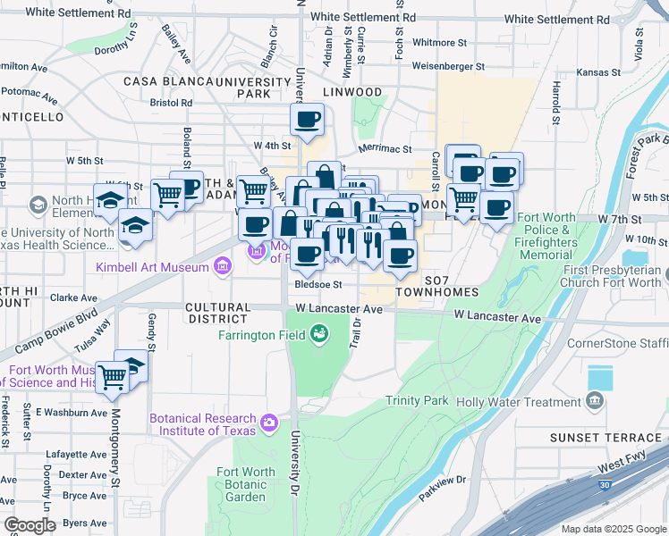 map of restaurants, bars, coffee shops, grocery stores, and more near 908 Currie Street in Fort Worth