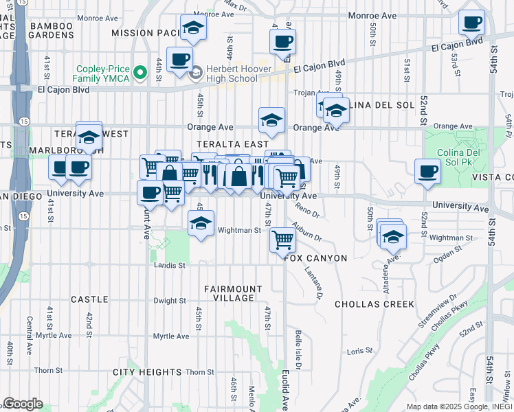 map of restaurants, bars, coffee shops, grocery stores, and more near 4647 University Avenue in San Diego