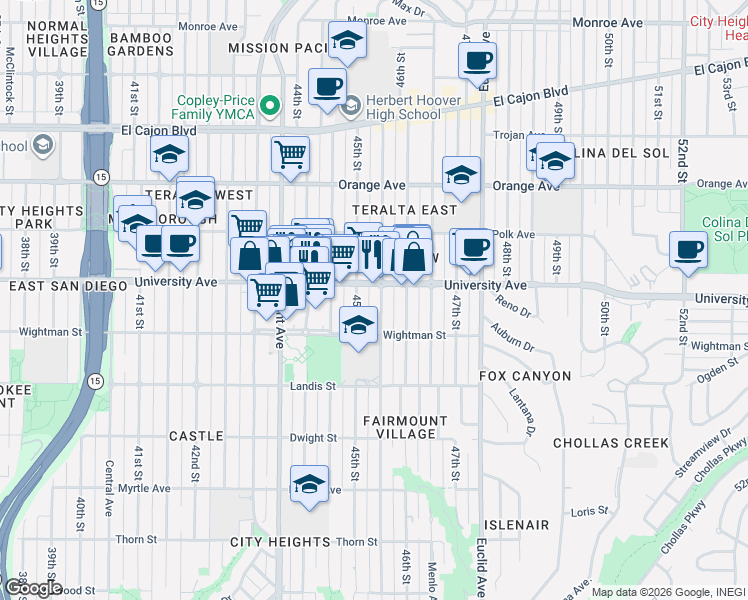 map of restaurants, bars, coffee shops, grocery stores, and more near 4503 University Avenue in San Diego