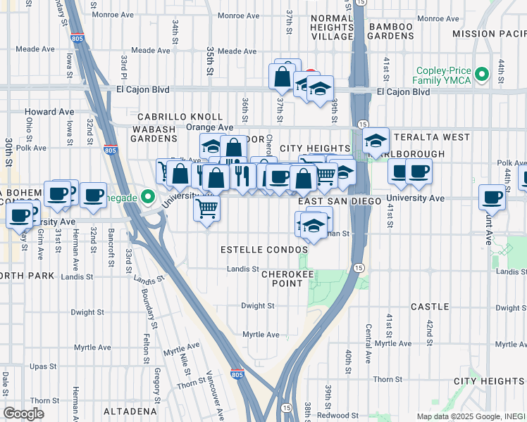map of restaurants, bars, coffee shops, grocery stores, and more near 3661 University Avenue in San Diego