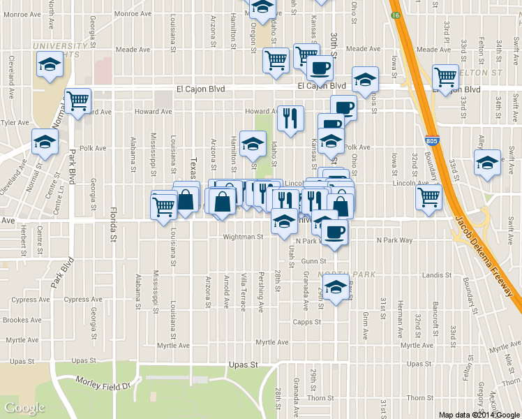 map of restaurants, bars, coffee shops, grocery stores, and more near 3955 Oregon Street in San Diego