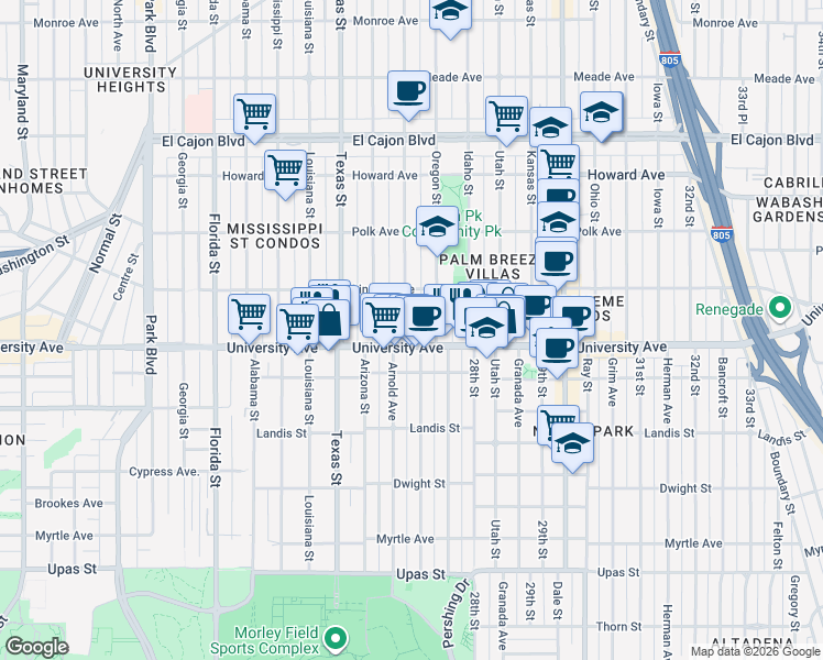 map of restaurants, bars, coffee shops, grocery stores, and more near 3952 Hamilton Street in San Diego