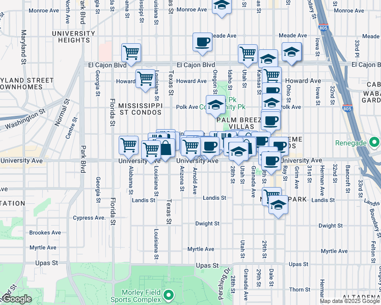 map of restaurants, bars, coffee shops, grocery stores, and more near 3952 Hamilton Street in San Diego