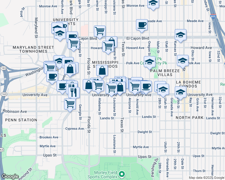 map of restaurants, bars, coffee shops, grocery stores, and more near 3948 1/2 Mississippi Street in San Diego