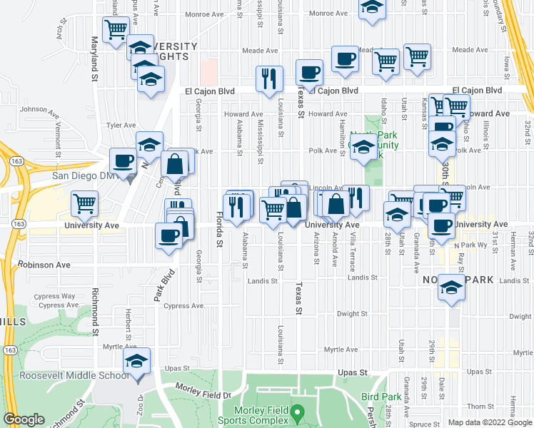 map of restaurants, bars, coffee shops, grocery stores, and more near 3948 1/2 Mississippi Street in San Diego