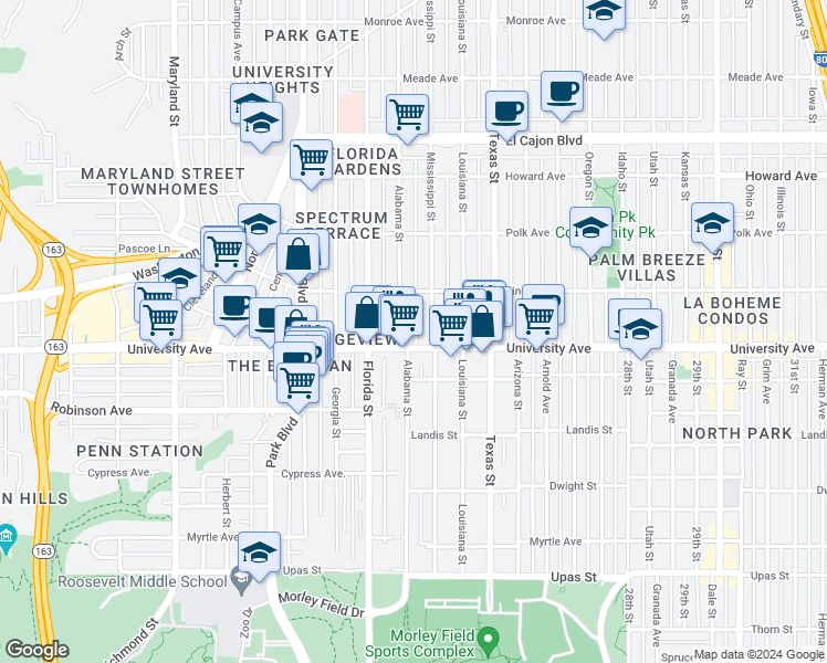 map of restaurants, bars, coffee shops, grocery stores, and more near 3945 Alabama Street in San Diego