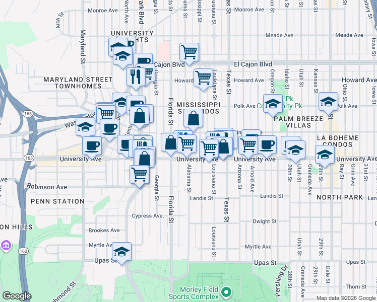 map of restaurants, bars, coffee shops, grocery stores, and more near 3945 Alabama Street in San Diego