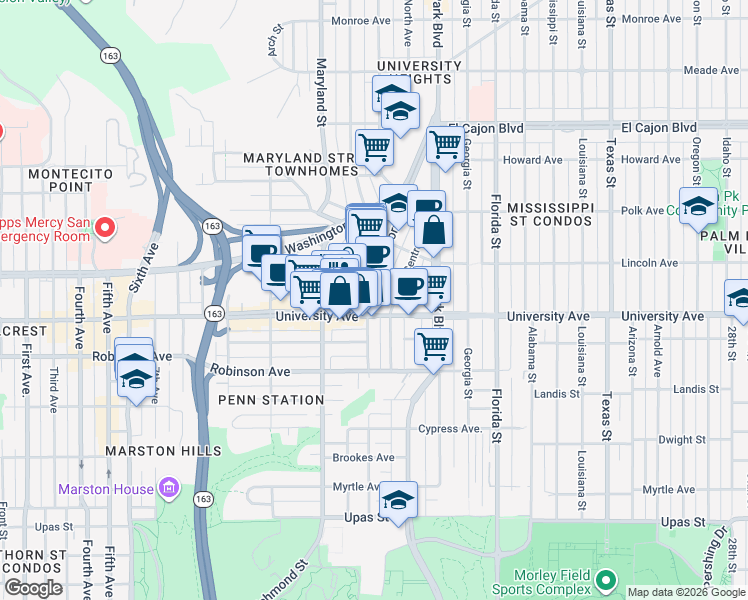 map of restaurants, bars, coffee shops, grocery stores, and more near 3914 Centre Street in San Diego