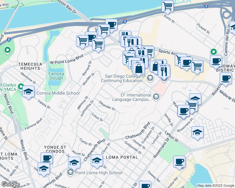 map of restaurants, bars, coffee shops, grocery stores, and more near 3656 Leland Street in San Diego