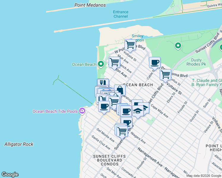 map of restaurants, bars, coffee shops, grocery stores, and more near 5060 Saratoga Avenue in San Diego