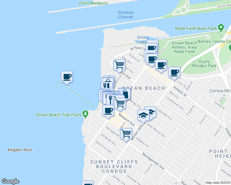 map of restaurants, bars, coffee shops, grocery stores, and more near 5060 Saratoga Avenue in San Diego
