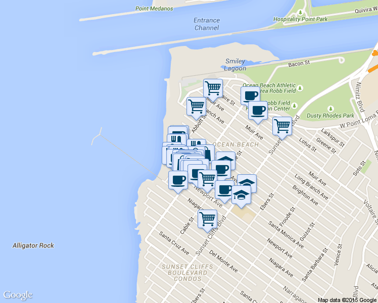 map of restaurants, bars, coffee shops, grocery stores, and more near 5060 Saratoga Avenue in San Diego