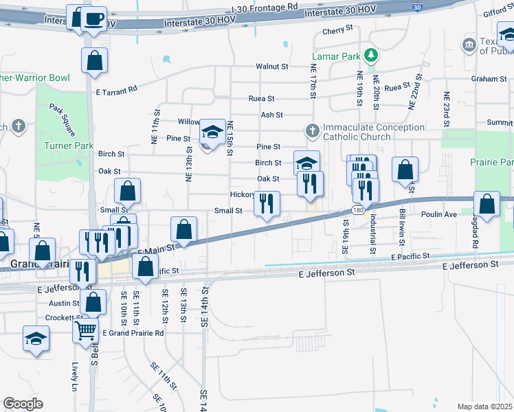 map of restaurants, bars, coffee shops, grocery stores, and more near 1605 Hickory Street in Grand Prairie