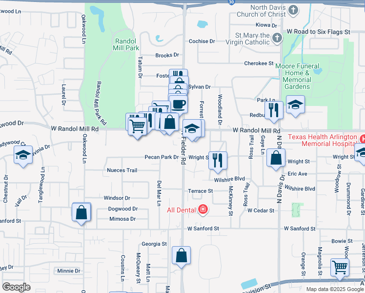 map of restaurants, bars, coffee shops, grocery stores, and more near 1618 Pecan Chase Circle in Arlington