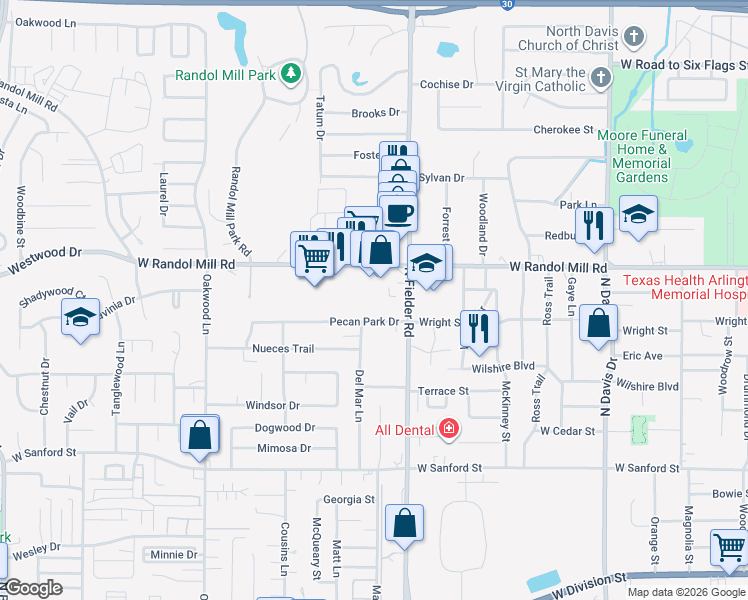map of restaurants, bars, coffee shops, grocery stores, and more near 1618 Pecan Chase Circle in Arlington