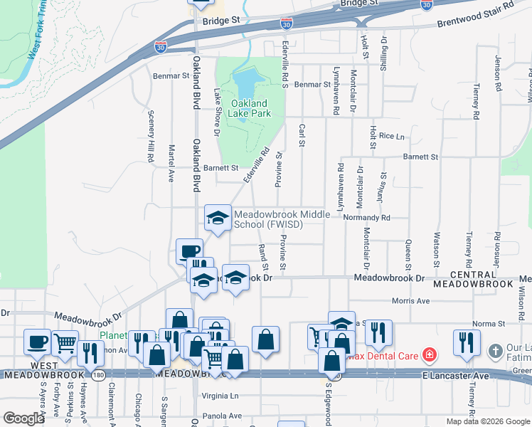 map of restaurants, bars, coffee shops, grocery stores, and more near 4425 Normandy Road in Fort Worth