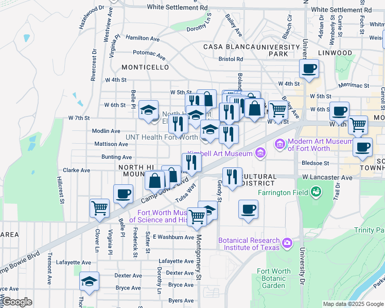 map of restaurants, bars, coffee shops, grocery stores, and more near in Fort Worth