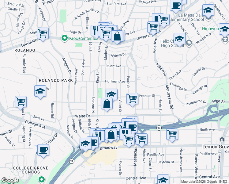 map of restaurants, bars, coffee shops, grocery stores, and more near 3975 Charles Street in La Mesa
