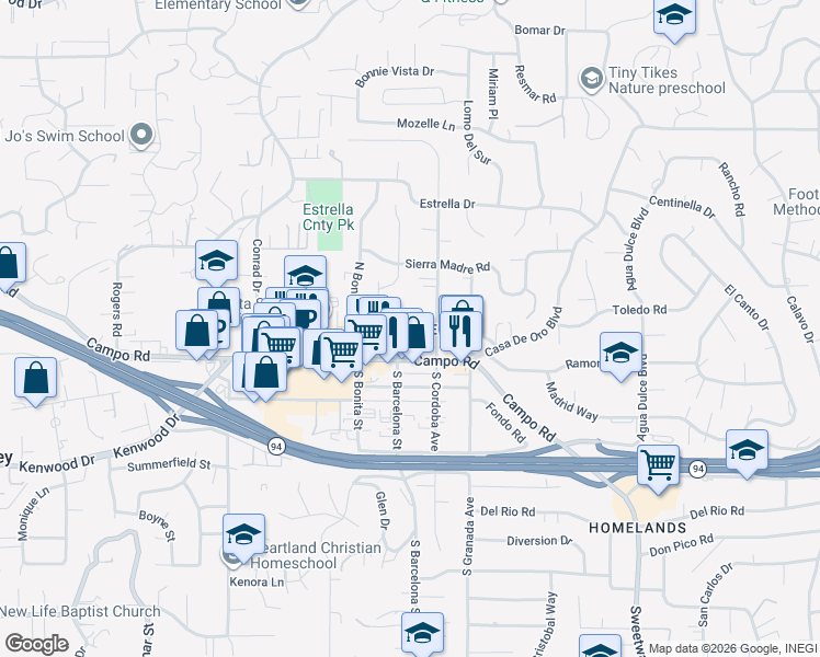 map of restaurants, bars, coffee shops, grocery stores, and more near 4016 Cortez Way in Spring Valley