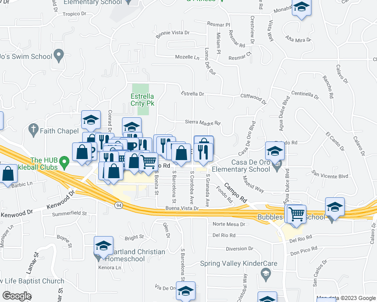 map of restaurants, bars, coffee shops, grocery stores, and more near 9972 San Juan Street in Spring Valley