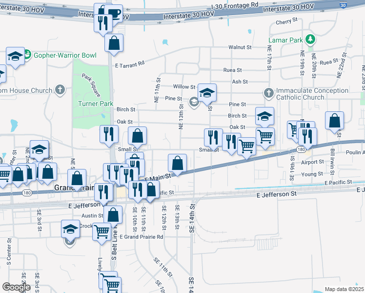 map of restaurants, bars, coffee shops, grocery stores, and more near 1301 Hickory Street in Grand Prairie