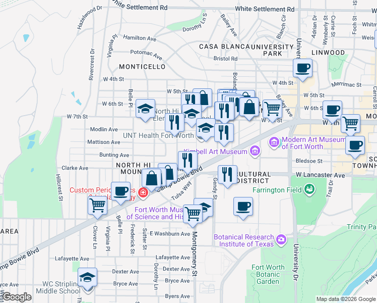 map of restaurants, bars, coffee shops, grocery stores, and more near 1000 Montgomery Street in Fort Worth