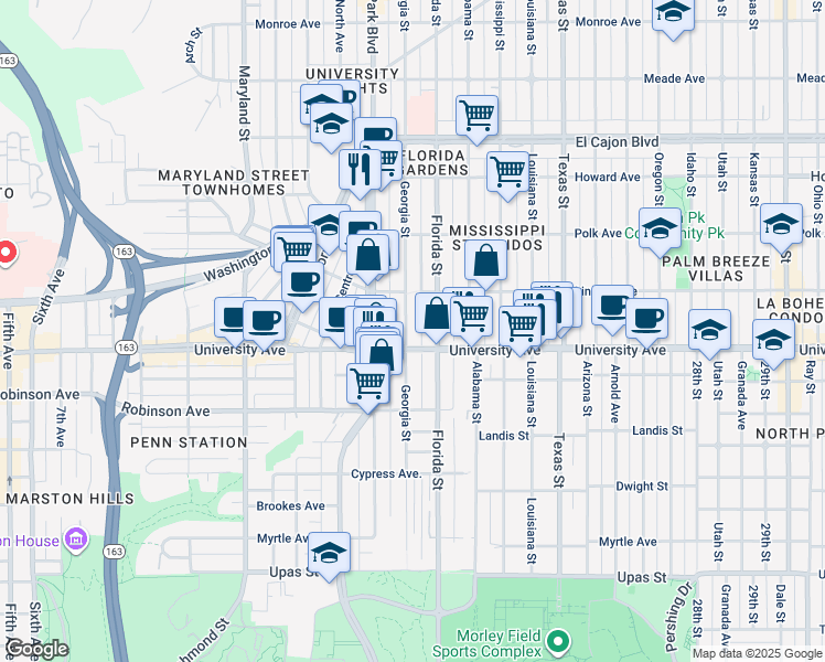 map of restaurants, bars, coffee shops, grocery stores, and more near 3948 Florida Street in San Diego