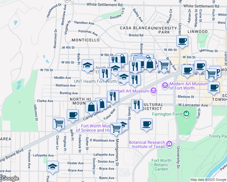 map of restaurants, bars, coffee shops, grocery stores, and more near 1000 Montgomery Street in Fort Worth