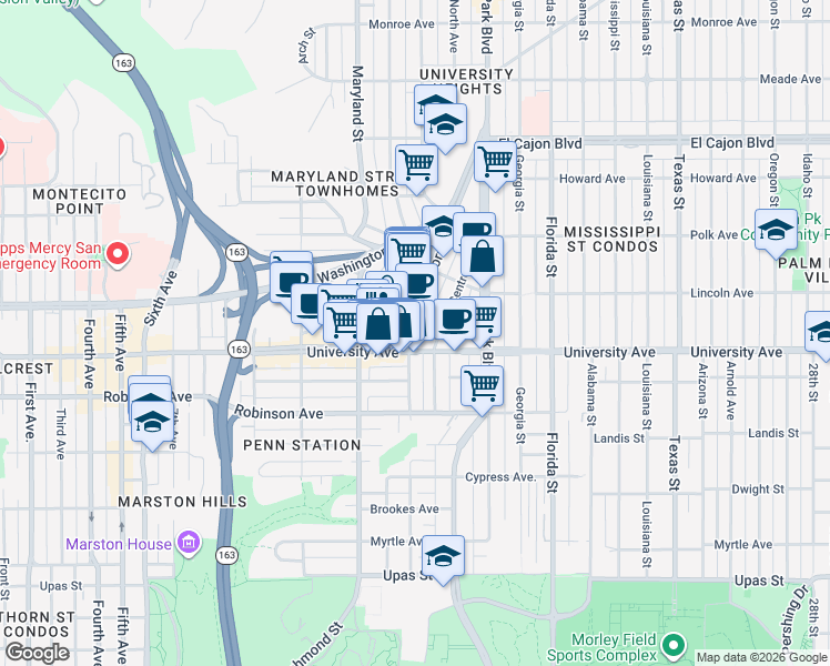 map of restaurants, bars, coffee shops, grocery stores, and more near 3914 Centre Street in San Diego