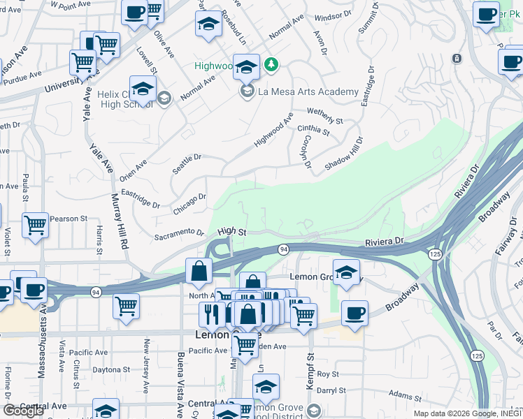 map of restaurants, bars, coffee shops, grocery stores, and more near 3850 Costa Bella Drive in La Mesa