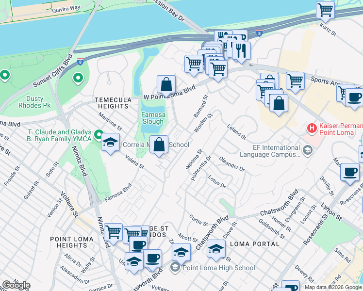map of restaurants, bars, coffee shops, grocery stores, and more near 2736 Worden Street in San Diego