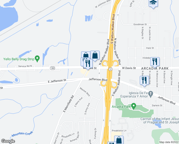 map of restaurants, bars, coffee shops, grocery stores, and more near 450 North Merrifield Road in Dallas