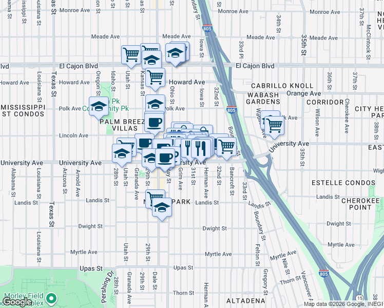 map of restaurants, bars, coffee shops, grocery stores, and more near 3955 Illinois Street in San Diego