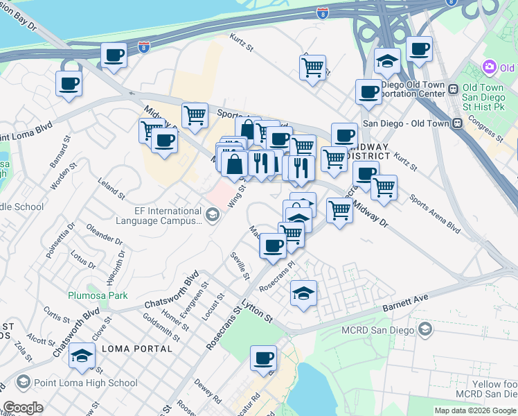 map of restaurants, bars, coffee shops, grocery stores, and more near 3143 Meadow Grove Drive in San Diego