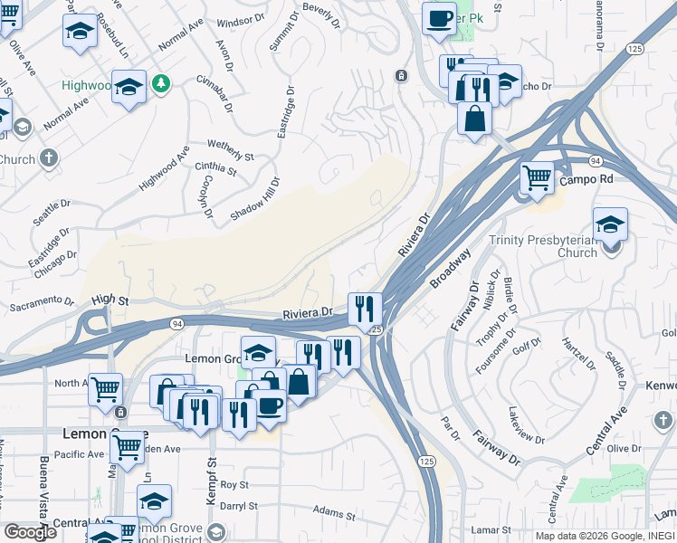 map of restaurants, bars, coffee shops, grocery stores, and more near 3860 American Avenue in La Mesa