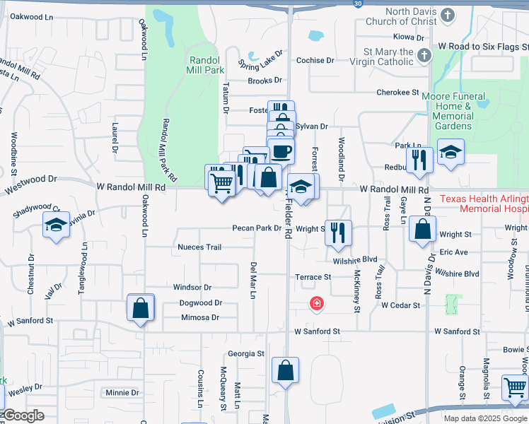 map of restaurants, bars, coffee shops, grocery stores, and more near 1618 Pecan Chase Circle in Arlington