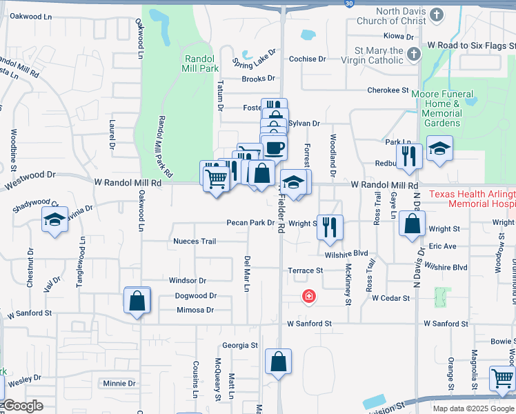 map of restaurants, bars, coffee shops, grocery stores, and more near 1608 Pecan Chase Circle in Arlington