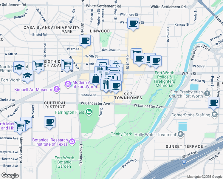 map of restaurants, bars, coffee shops, grocery stores, and more near 2822 Morton Street in Fort Worth