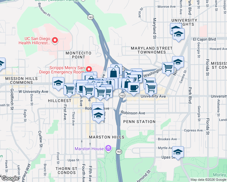 map of restaurants, bars, coffee shops, grocery stores, and more near 3927 8th Avenue in San Diego