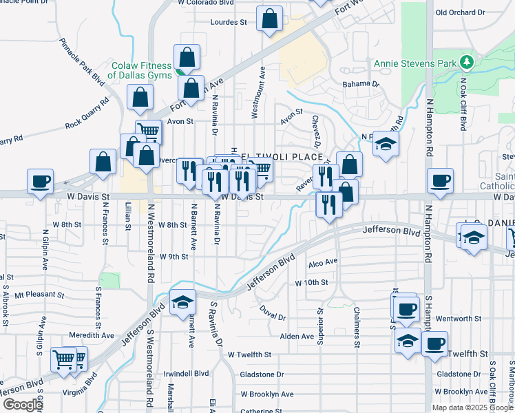 map of restaurants, bars, coffee shops, grocery stores, and more near 2800 West Davis Street in Dallas